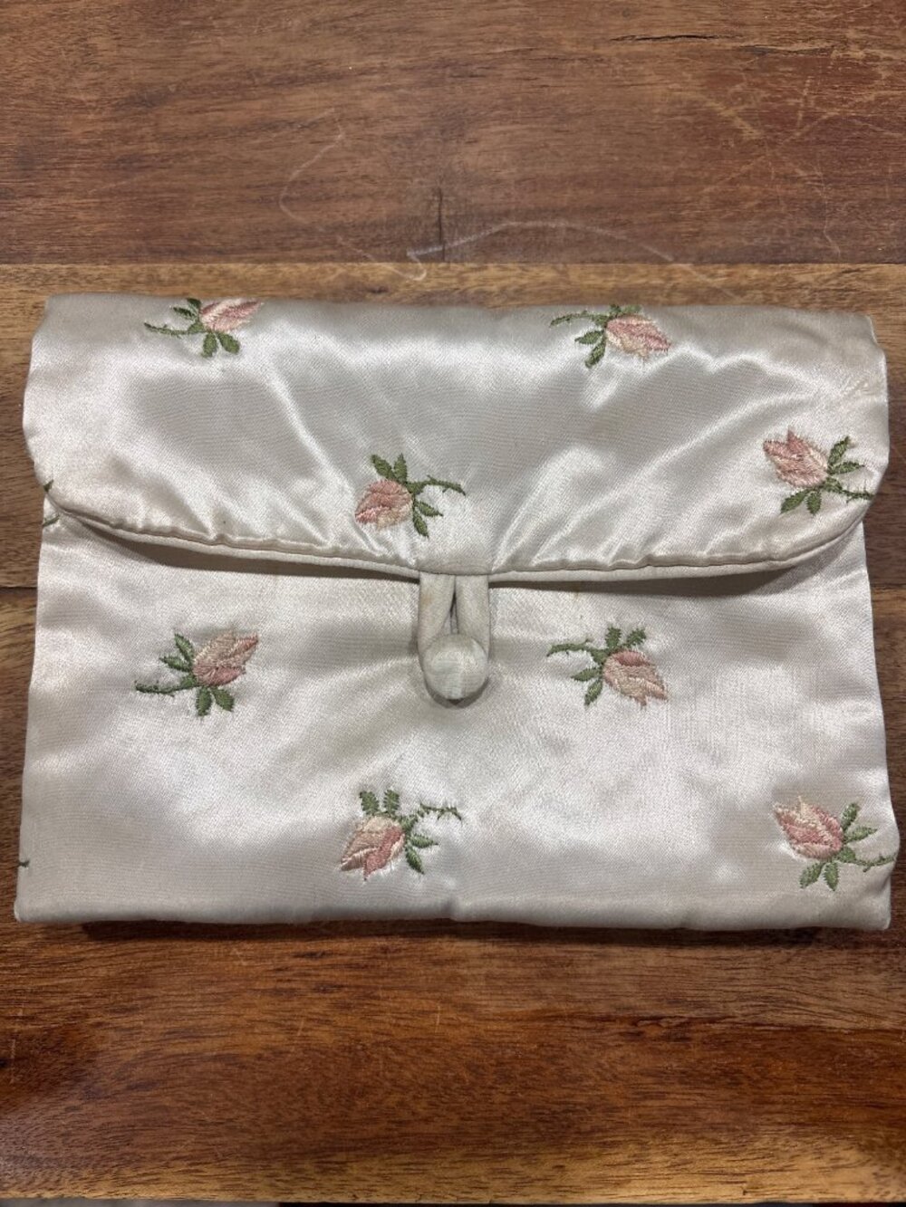 Vintage Satin Accordian Clutch Floral Embroidery Fold Over Lingirie or Accessory
